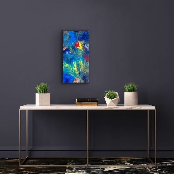 Splatter Blue, Yellow and Green Pour Painting 10 x 20 Stretched Canvas Art - Picture 4 of 10